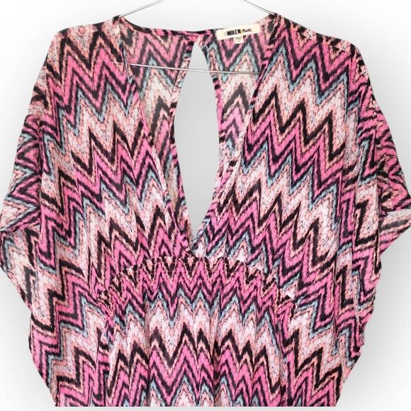 Miken Womens Swimsuit Cover Up Sz L Dress Tunic Pink Black Sheer Beachy Coastal - Picture 2 of 11